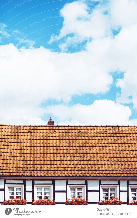 Dach eines Fachwerkhauses unter strahlend blauem Himmel Blauer Himmel Schönes Wetter Blumenkasten gemütlich Architektur Wolken Sommer