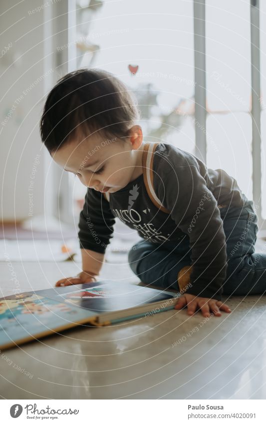 Kleinkind liest ein Buch zu Hause lesen lernen Bildung lehrreich Kind Kindheit Vorschulkind heimwärts Lernen niedlich Kaukasier 1-3 Jahre wenig Spaß Glück