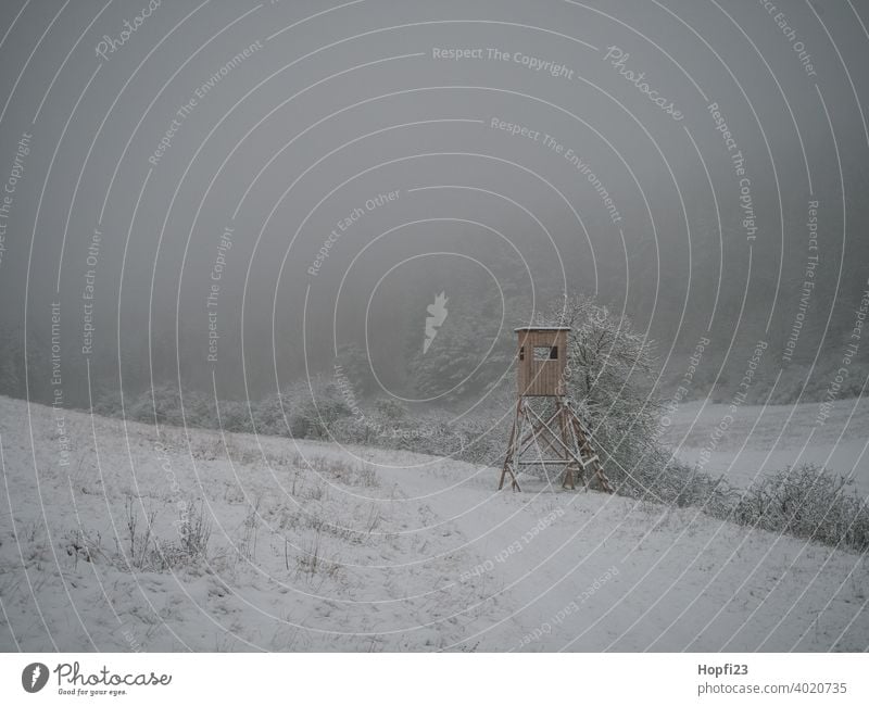 Winterlandschaft im Nebel mit Hochsitz weiß Landschaft Natur Nahaufnahme ländlich Feld Ackerland Schnee Sonne Sonnenschein Abendsonne kalt Himmel Baum Frost