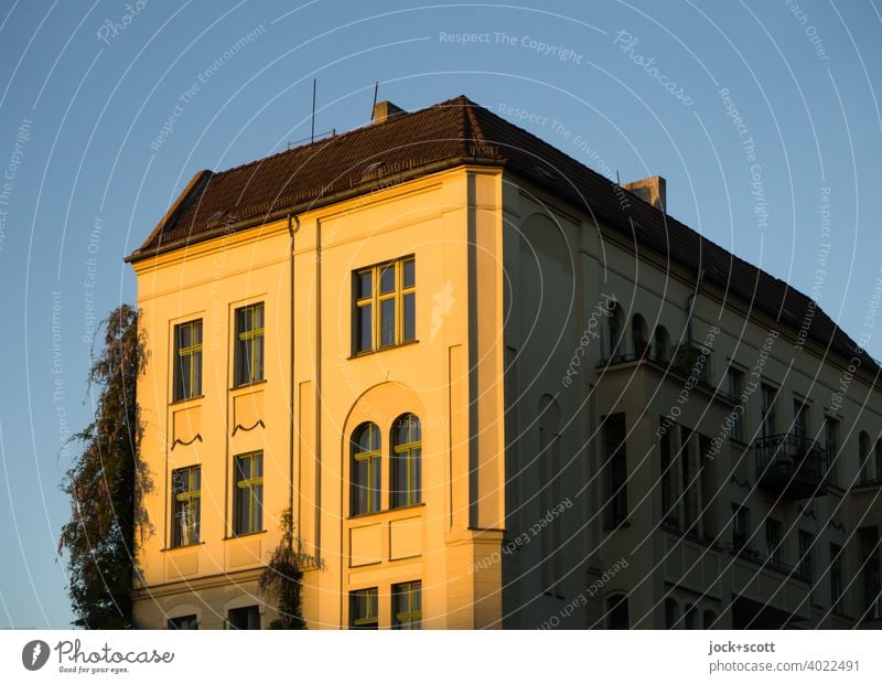 Stadthaus in der Abendsonne Prenzlauer Berg Berlin Architektur Abendlicht Fassade Mietshaus Altbau Efeu Eckhaus Sonnenlicht Wolkenloser Himmel Jugendstil