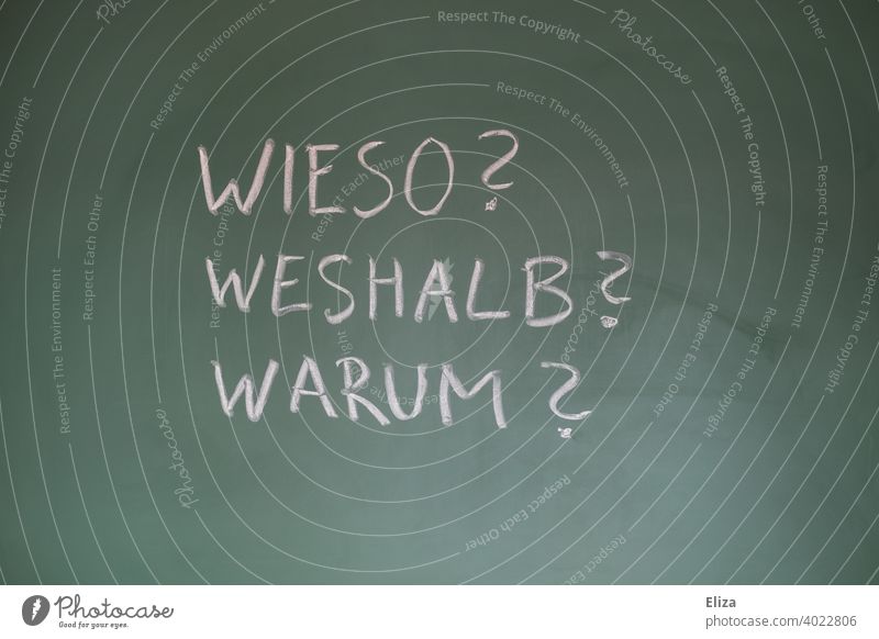 Wieso? Weshalb? Warum? Fragen stehen auf einer Tafel. Konzept Wissensdurst und Neugierde. wissensdurstig Schule Bildung nachfragen Informationen Schulbildung