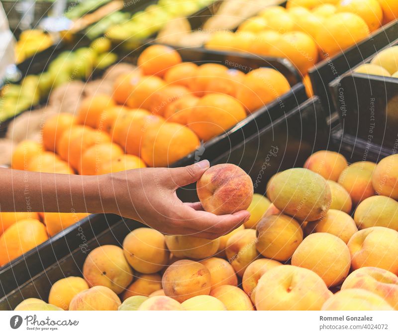 Junges Mädchen wählt Pfirsich in einem Lebensmittelgeschäft. Konzept der gesunden Ernährung, Bio, vegetarisch, Diät. Selektiver Fokus. Früchte Großhandel