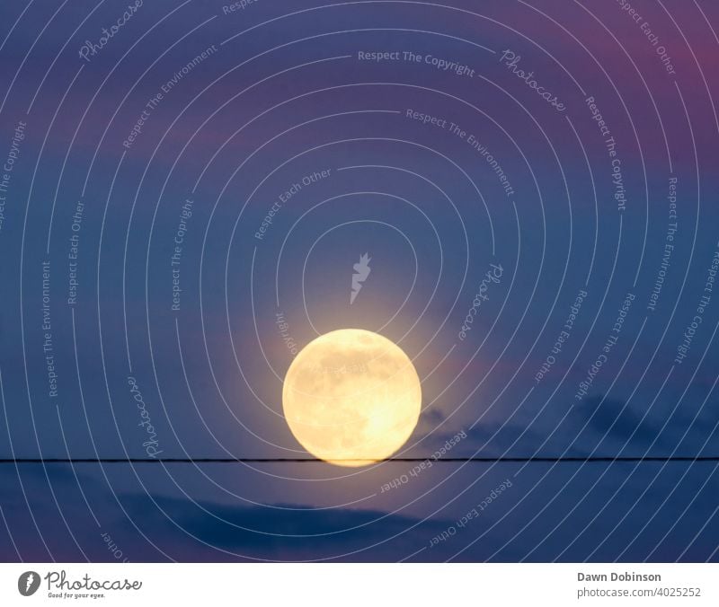 Vollmond, der auf einem Draht im Dämmerungshimmel zu balancieren scheint Gleichgewicht Außenaufnahme Himmel Abend blau Farbfoto Natur Wolkenfetzen rund