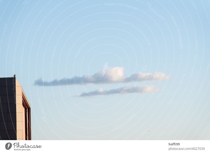 zwei Wolken ziehen sanft vorüber, ein Vogel sitzt auf einem Dach - Stille Wolkenbild Wolkenformation langezogen Wolken Himmel Morgenstimmung Abendstimmung