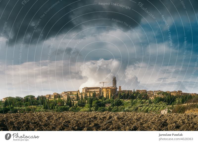 Herbsttage in der Toskana, Pienza Windstille antik Hügelseite Sonnenuntergang Land Landschaft Ansicht fallen toskana Wiese Haus grün Baum Zypresse Feld