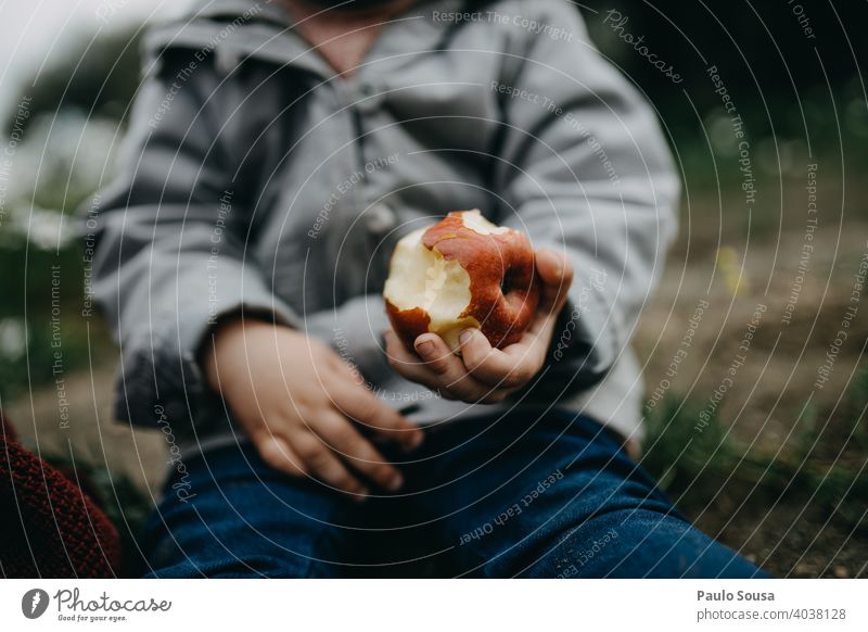 Close up Kind Hand hält einen Apfel Essen Farbfoto Außenaufnahme Ernährung Gesundheit Bioprodukte Tag Apfelbaum Lebensmittel Beteiligung authentisch Frucht