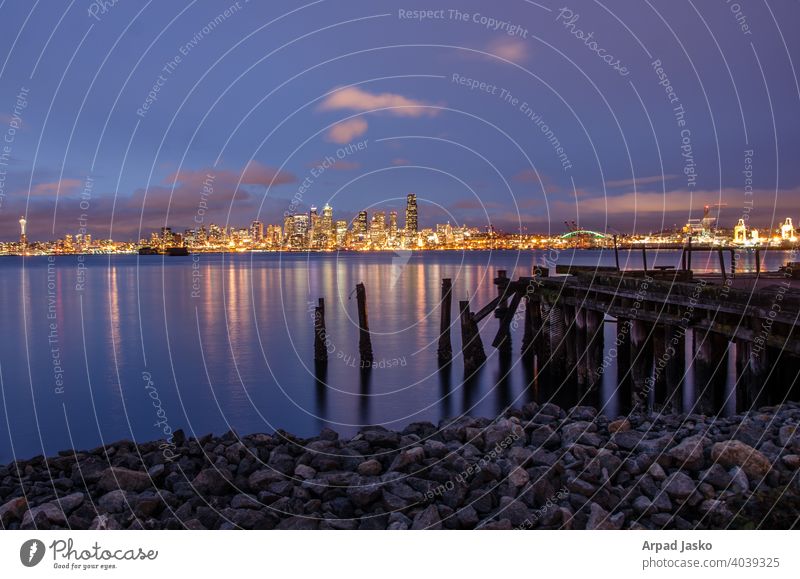 Seattle Blue Hour Skyline Stadtbild Landschaft Seelandschaft Meereslandschaft