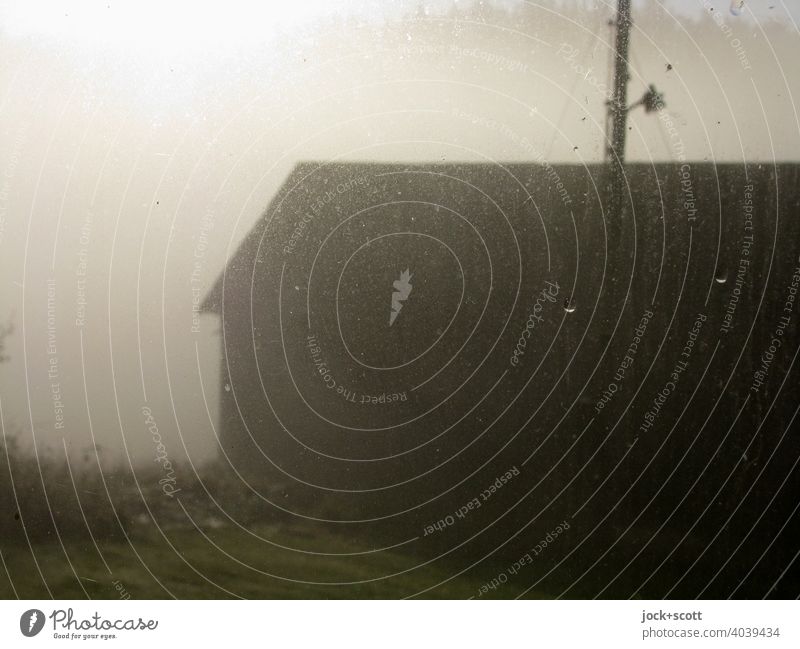 Eines Morgens im Nebel in aller Frühe, als die Sonne scheinte Morgennebel Morgendämmerung Romantik Silhouette Stall Lichterscheinung Gegenlicht Sonnenlicht