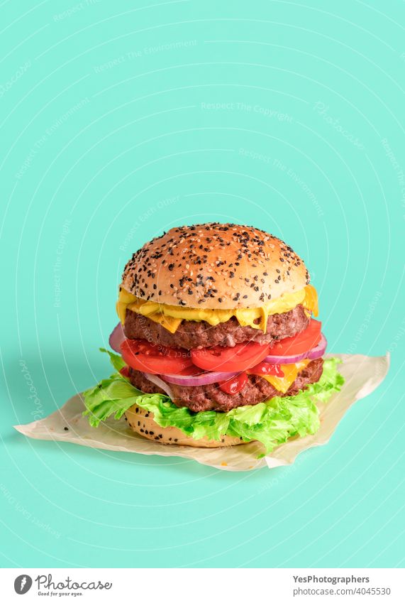 Hausgemachter Burger isoliert auf einem grünen Hintergrund. Rindfleisch-Patty-Burger. Barbecue groß Brot Brötchen Cheddar Käse Cheeseburger farbig Farben