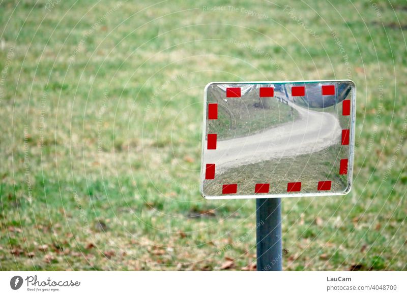 Spiegelbild einer Straße im Grünen Reflektion Weg Spiegelung Wiese grün Reflexion & Spiegelung Strukturen & Formen Muster Biegung Kurve Gras Schild Rückspiegel