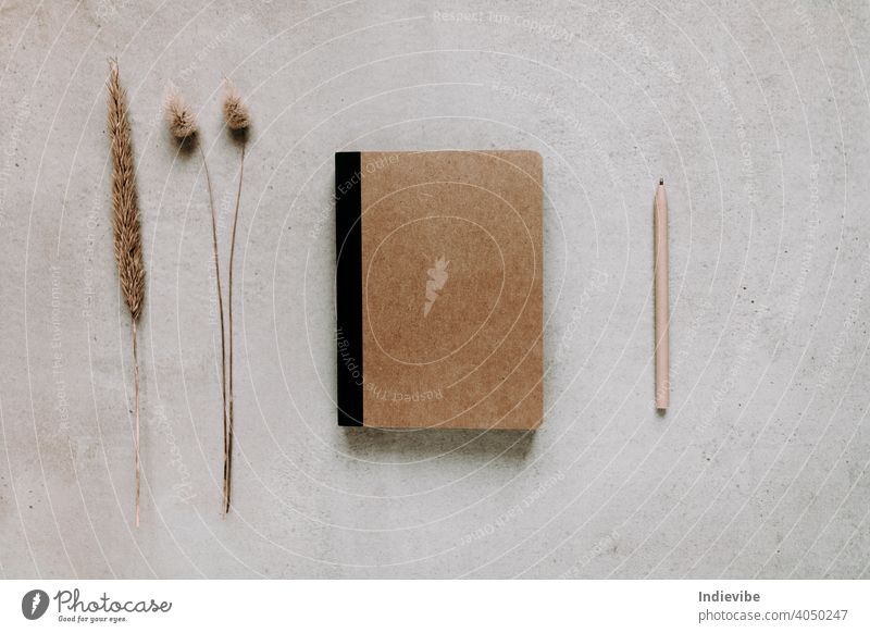 Braunes Papier Notizbuch mit Papier Stift auf grauem Hintergrund. Flat Lay Ansicht von oben. Getrocknete Blumen auf der linken Seite. Moderne Home-Office-Versorgung und Zubehör.