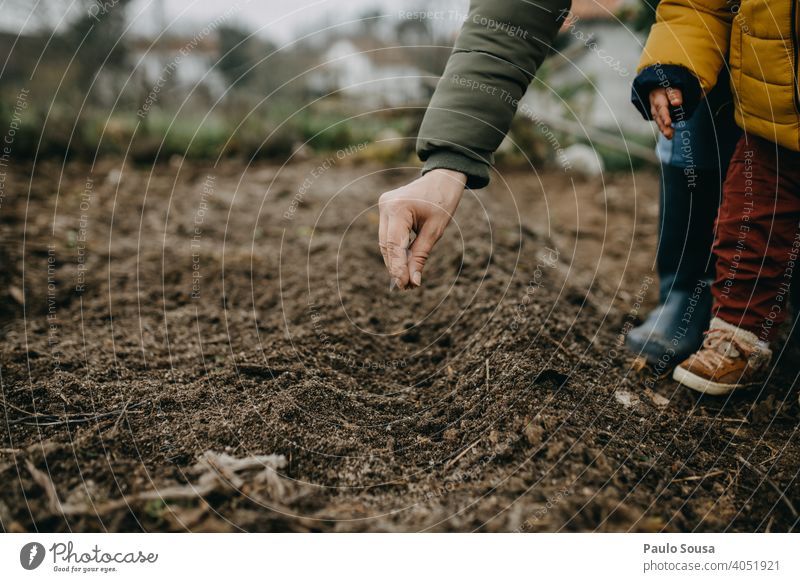 Mutter und Kind säen Möhren Samen Saatgut Aussaat Keimling Landwirtschaft Bioprodukte organisch Garten Gartenarbeit authentisch Lifestyle Mutterschaft