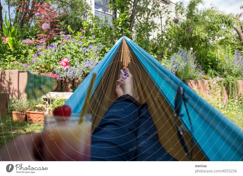 Urlaub im Garten mit leckerem Drink in der Hand und Füßen in der Hängematte; Entspannung pur Pflanzen Blumen privat Pause Erholung Sonnenbrille Sommer