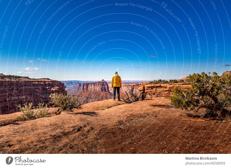 Männlicher Tourist steht am Rande des Holeman Spring Canyon Overlook im Island in the sky National Park, Utah Canyonlands National Park Island in the Sky