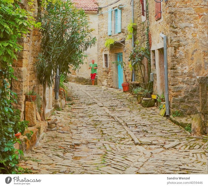 Gasse in Groznjan Bergdorf altes Dorf Kopfsteinpflaster alte Mauern historisches Dorf Architektur Straße Weg alte Gasse urig Kroatien mediterran Flair Urlaub