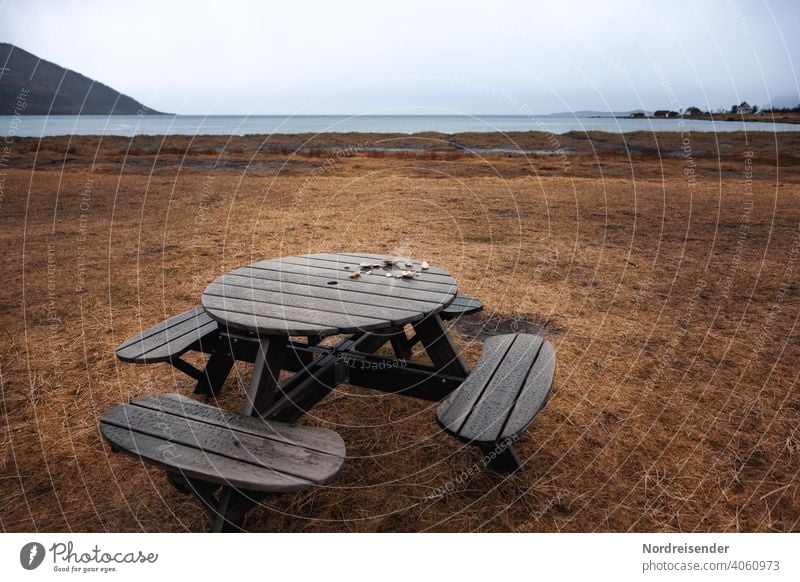 Rastplatz am Meer im Regen strand regen meer campingplatz sitzbank küste rastplatz atlantik nordatlantik wasser wiese gras fjord senja insel norwegen strandgut