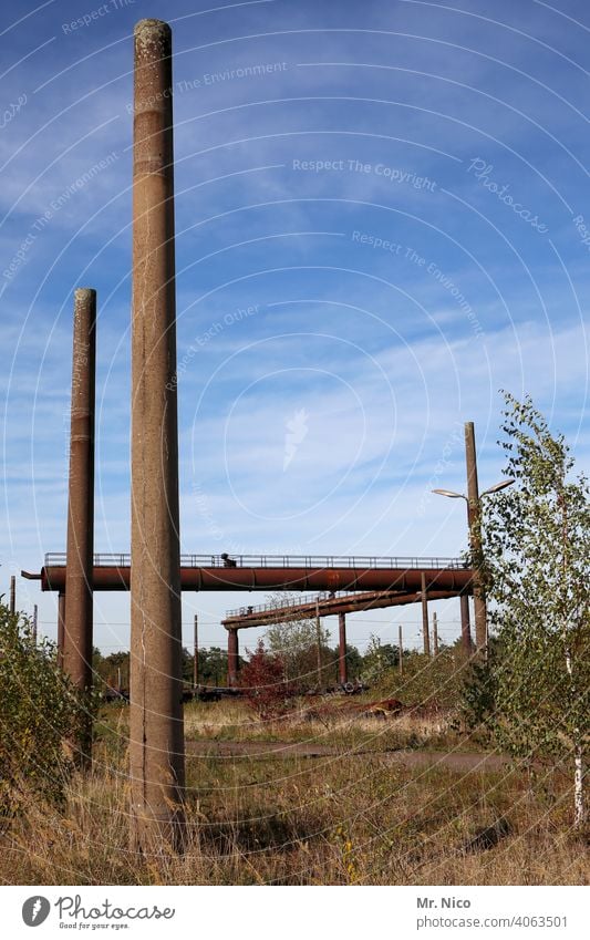 Schornsteinsammlung Industrie Rost Metall alt Stahl Kamin Blauer Himmel Fabrik Rohrleitung Stahlwerk Sinterei Industrieanlage Brachland Pflanzen Umwelt