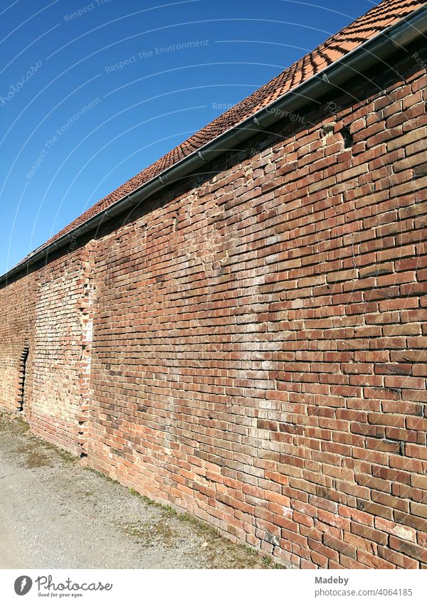 Alte Klinkerfassade aus rotem Backstein im Sonnenschein vor strahlend blauem Himmel in der Hansestadt Lemgo bei Detmold in Ostwestfalen-Lippe mauer Mauerwerk