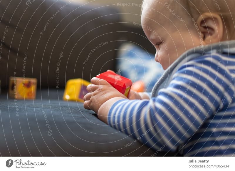 Junges Baby steht auf und spielt mit Blöcken auf der Couch; Entwicklungsmeilensteine Säugling Kind Kindheit 6-12 Monate hochziehen stehen Kreuzfahrt fettarm