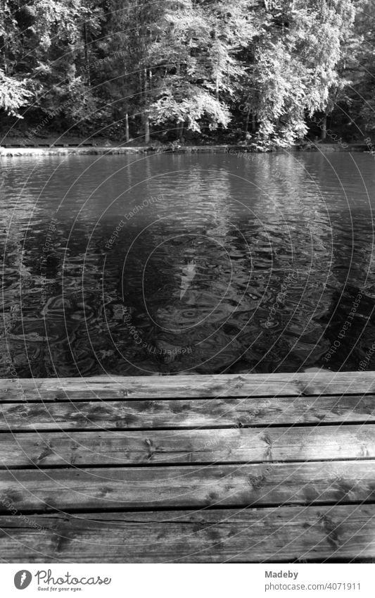 Holzsteg als Badesteg für Badegäste im Sommer bei Sonnenschein am Mittersee in Füssen im Ostallgäu im Freistaat Bayern, fotografiert in klassischem Schwarzweiß