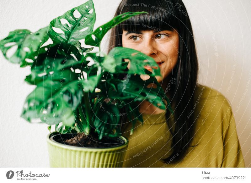 Frau mit grüner Zimmerpflanze. Monkey Monstera adansonii. Pflanze Monstera deliciosa Topfpflanze Grünpflanze Wohnung Blumentopf grüner Daumen Mensch weiblich