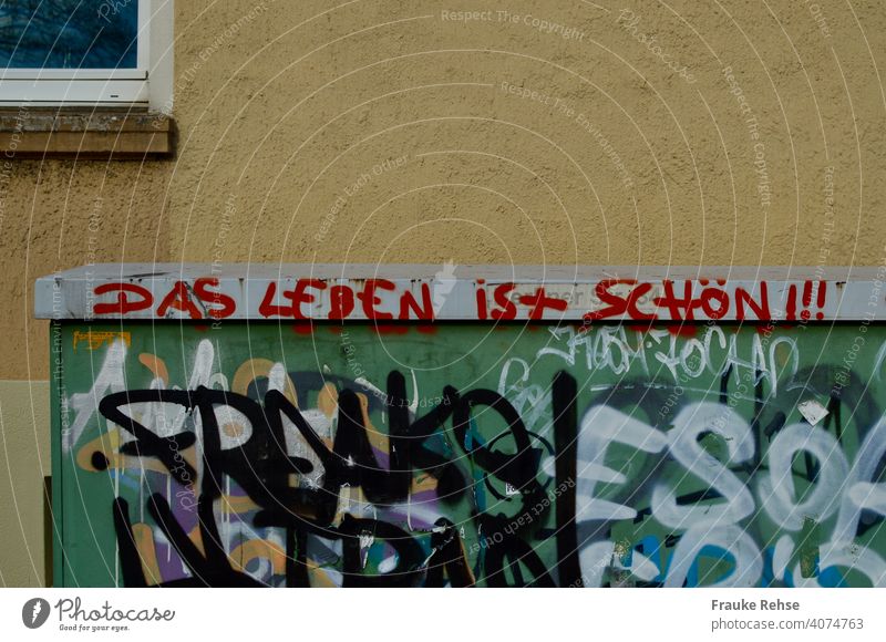 Das Leben ist schön!!! Aussage auf Stromkasten gesprayt. Grafitti Spruch rot Schriftzug Trafostation Trafo-Station gesprüht gesprühter Text positiv optimistisch