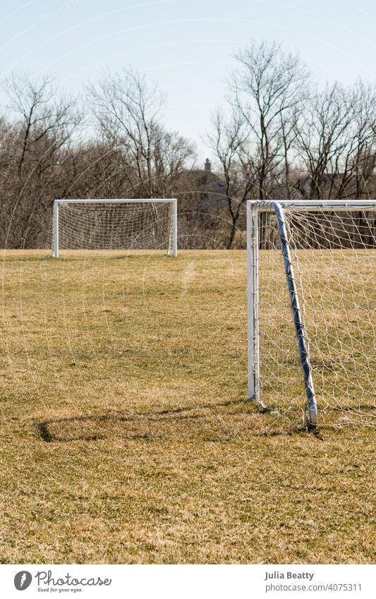 Abgenutzte Fußballtore auf einem Schulfeld im Frühling; kahle Bäume und gelbes Gras Tor Feld Netz Sport grün Spiel Schule Spielplatz Fitnessstudio Klasse