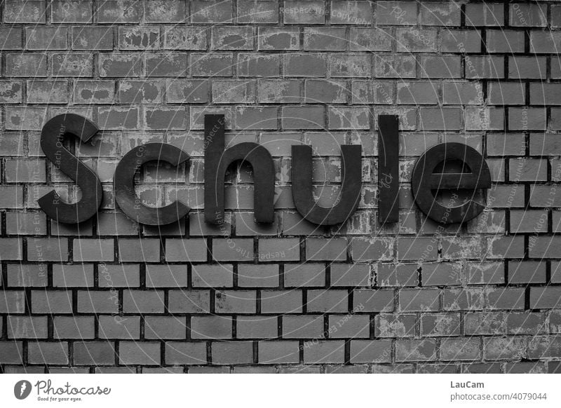 Schwarzer Schriftzug "Schule" auf einer geklinkerten Wand Schulgebäude Schule zu Hause Bildung lernen Wort Hauswand Klinkerfassade Klinkerbau klinkerwand