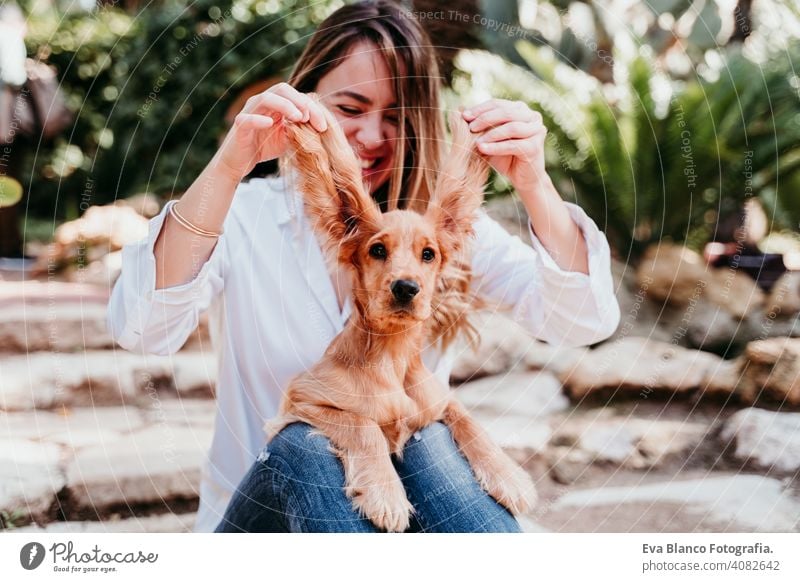 junge Frau und ihre niedlichen Welpen von Cocker Spaniel im Freien. Lustiger Hund große Ohren lustig Haustier Park sonnig Liebe Umarmung Lächeln Rückansicht