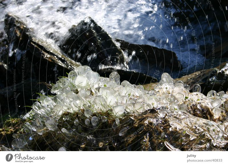 eis & wasser Bach frieren grün Frühling nass Eis Wasser blau kalt Stein Küste Gras Morgen Wassertropfen Kugel