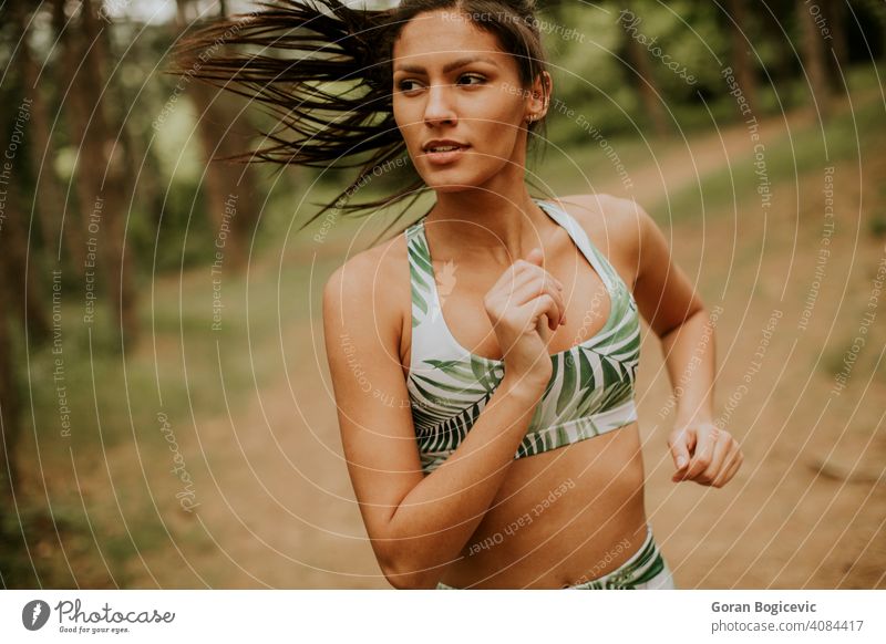 Junge Fitness-Frau läuft auf Waldweg Athlet Park aktiv grün Übung laufen jung im Freien Läufer Joggen Training Jogger passen Baum Lifestyle Sport ländlich