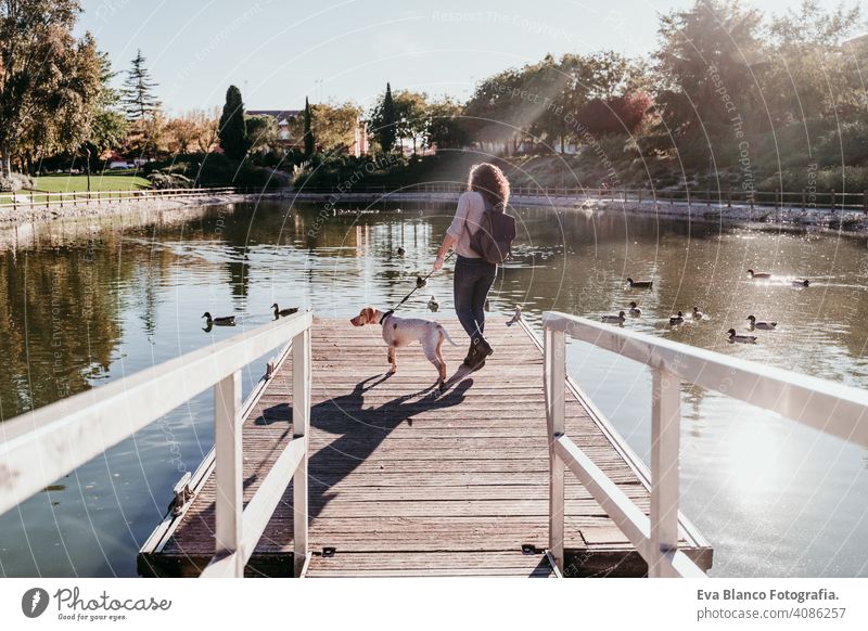 junge Frau und ihr Hund im Freien in einem Park mit einem See. sonniger Tag, Herbstzeit Liebe Haustier Besitzer schön Glück Lächeln gemischte Rasse Reinrassig