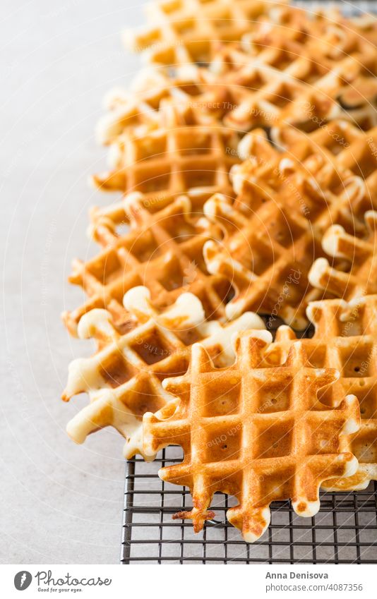 Traditionelle hausgemachte belgische Waffeln auf hellem Hintergrund Belgier Frühstück Dessert Blaubeeren Himbeeren Sirup gebacken süß frisch Beeren Gebäck