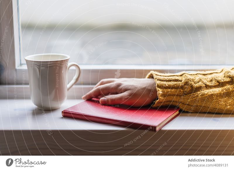 Hand Person mit Buch und Tasse auf Fensterbank Fenstersims Färöer-Inseln gemütlich bequem warm trinken Tee heimwärts Becher Lifestyle Freizeit