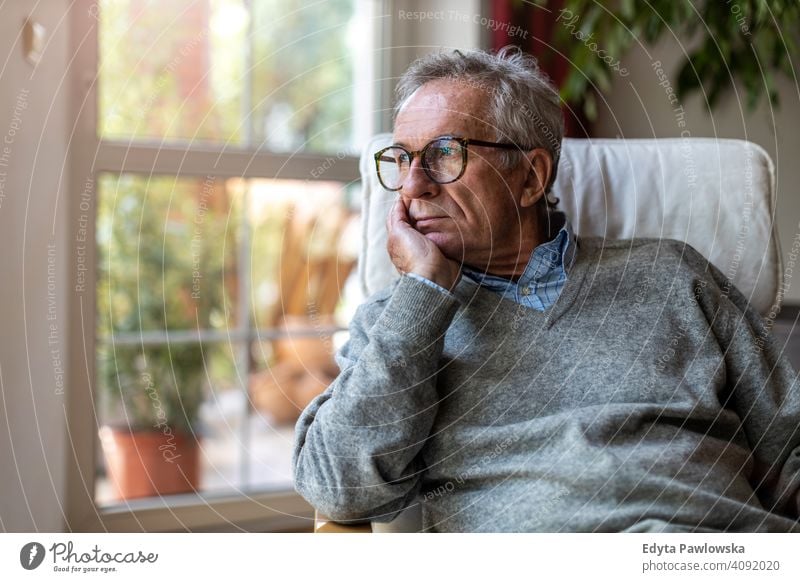 Älterer Mann schaut aus dem Fenster zu Hause Senior älter Großvater alt Rentnerin in den Ruhestand getreten gealtert reif heimwärts männlich Menschen Lifestyle