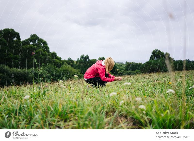 Fröhliche Frau genießt die Landschaft friedlich Feld genießend Wald Natur grün Erholung lässig Herbst Saison Dame Pflanze menschlich natürlich malerisch Ruhe