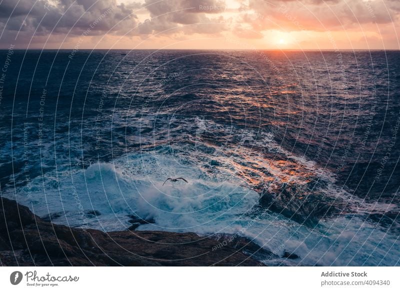 Große Felsen und wogendes Meer Küste MEER Wellen Wasser Strand Natur Ufer Landschaft Küstenlinie platschen blau wild malerisch reisen Wetter Geplätscher schön