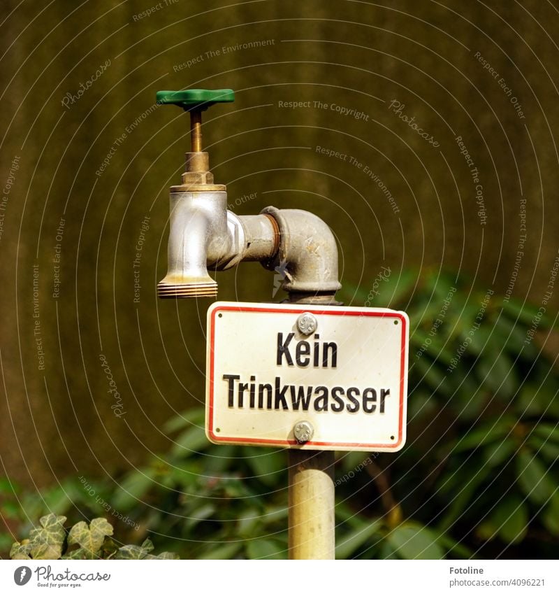 "Kein Trinkwasser" steht direkt unter dem alten Wasserhahn Rad Metall Eisen Eisenrohr Rost Menschenleer Außenaufnahme Nahaufnahme Detailaufnahme Tag Farbfoto