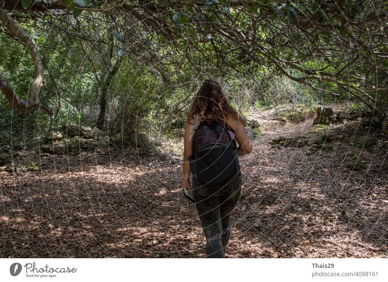 Frau Tourist Reisen in Wald Reise Wandern während vacation.Travel Wandern. Abenteuer Rucksack Backpacker farbenfroh Freiheit Mädchen Glück Hut Gesundheit