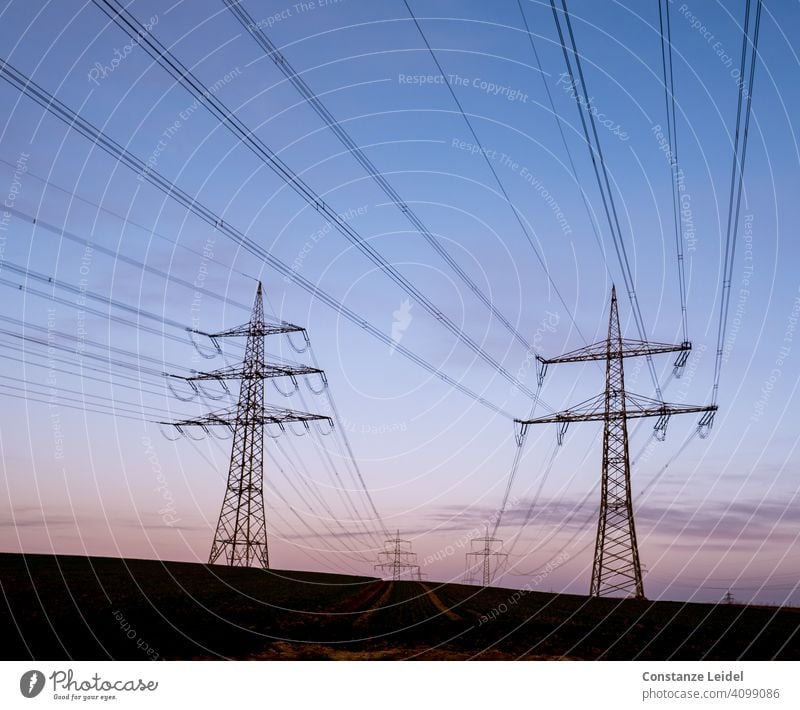 Hochspannungsleitungen am Morgenhimmel Morgendämmerung Blauer Himmel blaue Stunde Perspektive Menschenleer Landschaft Außenaufnahme Farbfoto