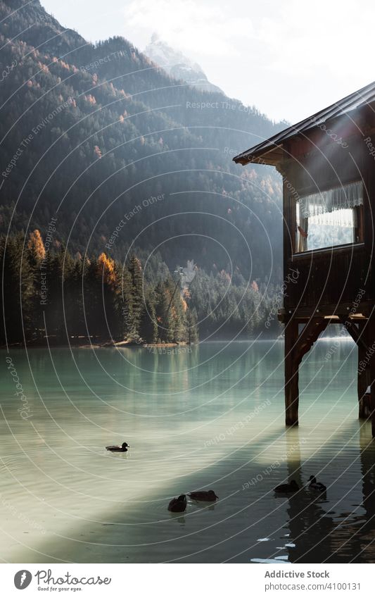 Haus auf Stelzen am See in der Nähe der Berge Berge u. Gebirge Boot hölzern Reflexion & Spiegelung Natur reisen Wasser Landschaft Himmel Ansicht Tourismus