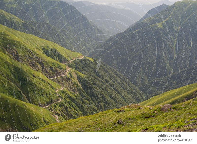 Wunderschöne Aussicht auf ein nebliges Tal mit üppigem Grün Straße Hochland Berge u. Gebirge Freiheit Kamm Weg Höhe Hügel Berghang Hügelseite reisen Serpentine