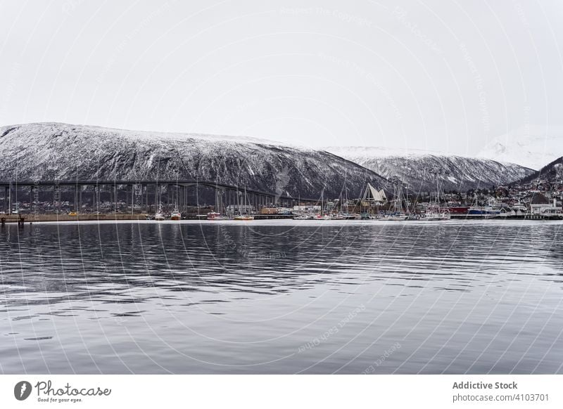 Landschaft einer Meeresbucht neben einer großen schneebedeckten Klippe MEER Berge u. Gebirge hafen Schnee Cloud Abenddämmerung Großstadt Bucht Windstille ruhig