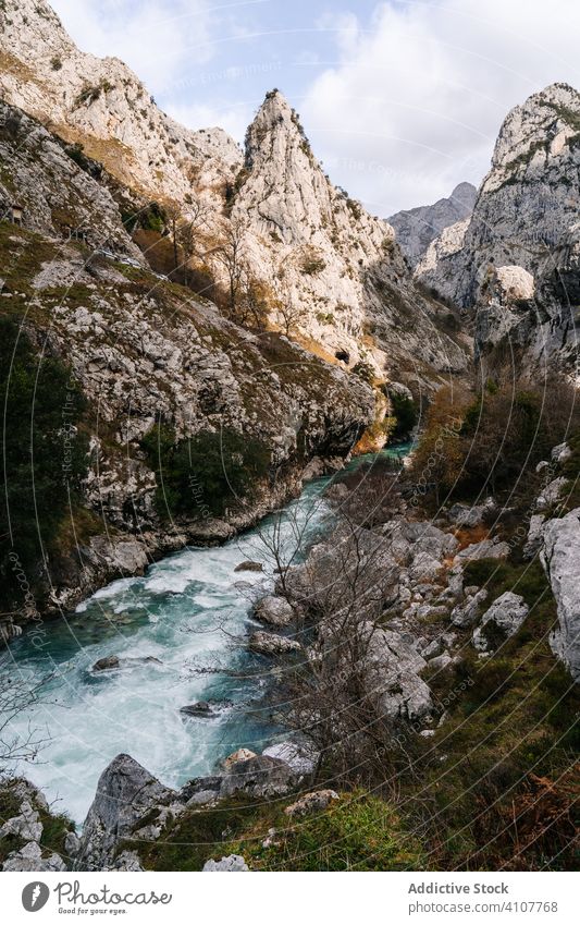 Wasserstrom, der bei hellem Tag zwischen felsigen Gipfeln fließt strömen fließend Berge u. Gebirge Fluss Natur malerisch Landschaft Wildnis Abenteuer Hügel