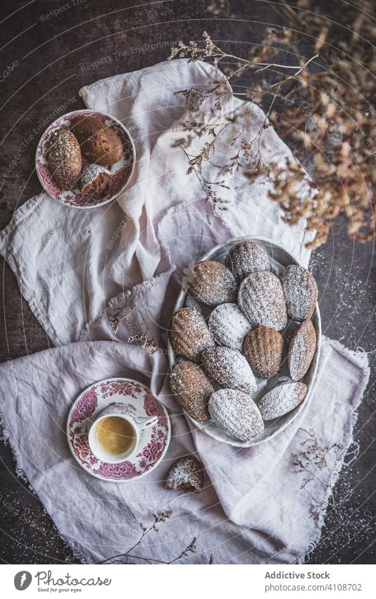 Leckere Kekse und Tee auf dem Tisch süß Dessert Konditorei braun warm Erfrischung backen Design Pulver Keramik schmackhaft appetitlich Küche natürlich Gebäck