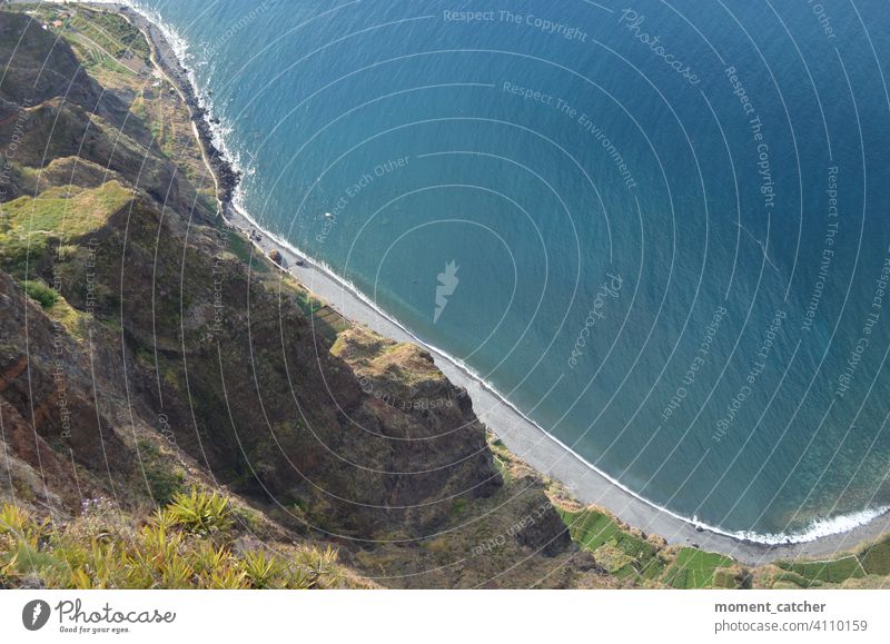 Malta's felsige Steilküste vor türkisblauem Meer | Blick nach unten Küste Urlaub Küstenlinie Felsen Felsenküste grün Ozean Landschaft Wasser Natur