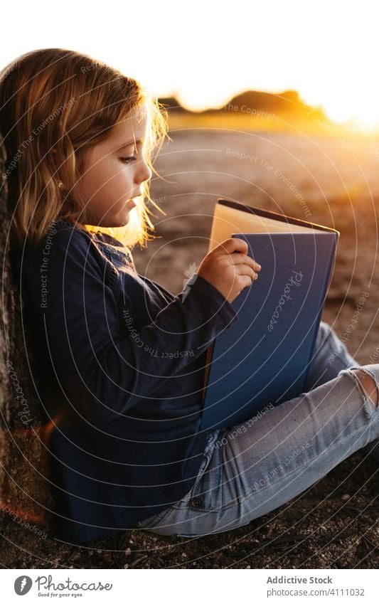 Kleines Mädchen mit Buch unter einem Baum sitzend Kind lesen Natur Feld Kofferraum Sommer lässig Windstille ruhig ernst Konzentration Frau lernen Wiese