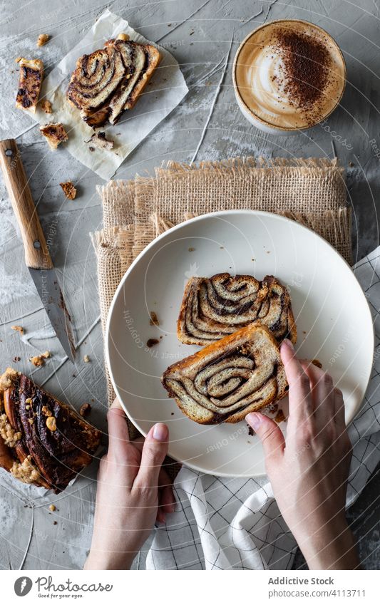 Hausgemachte Brötchentorte mit Schokolade Dessert Pasteten Kuchen rollen Spielfigur Scheibe Teller Lebensmittel Hand lecker geschmackvoll süß frisch Gebäck