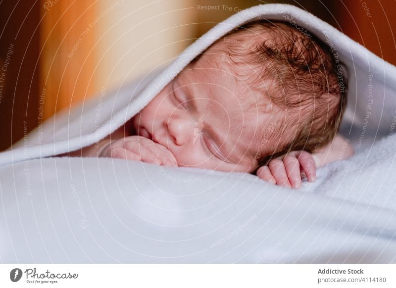 Süßes Neugeborenes schläft zu Hause in einem weichen Bett neugeboren sich[Akk] entspannen Baby Kind Säugling Windstille unschuldig ruhen wenig friedlich