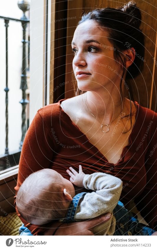 Glückliche Mutter stillt Baby am Fenster Stillen Futter Brust heimwärts Liebe ruhen gemütlich sitzen Frau niedlich Raum Umarmung Umarmen Lächeln Kind Kindheit